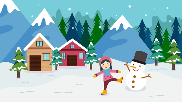卡通冬天下雪女孩堆雪人雪山雪地树木插画