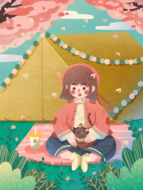 扁平三月樱花盛开在草地上野餐的女孩帐篷