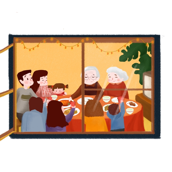 卡通手绘春节全家一家老小吃团圆饭场景