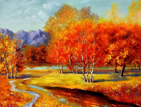 秋天枫树风景油画