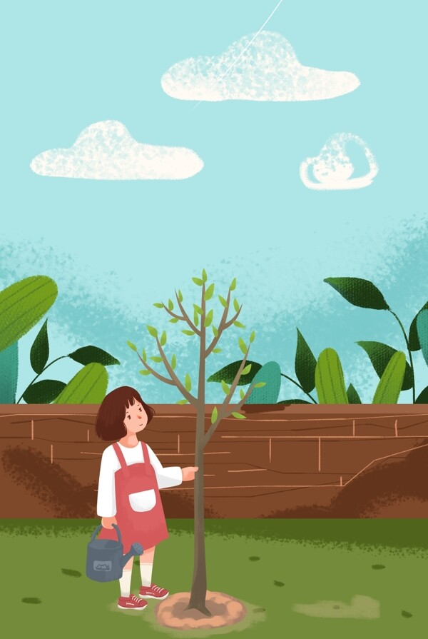 三月植树节女孩公益插画海报
