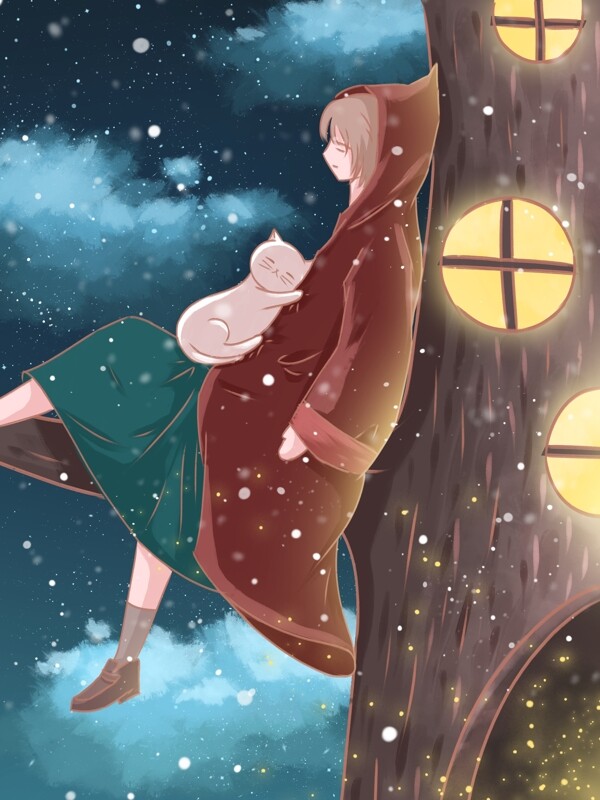 冬至插画雪中树林里睡在树上的女孩和小猫