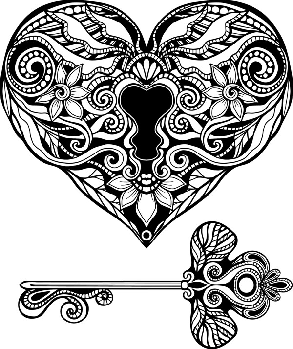 爱心和钥匙纹身图案矢量