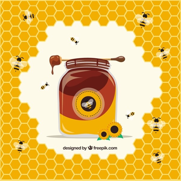 带有蜂巢和蜜蜂背景的蜂蜜罐
