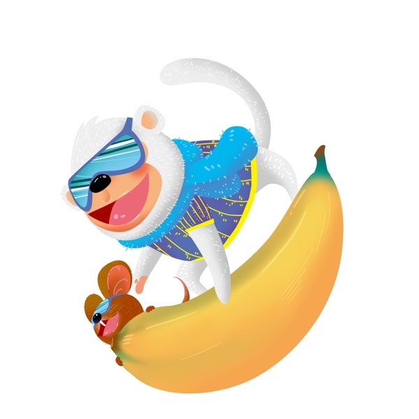 创意骑着香蕉滑雪的老鼠