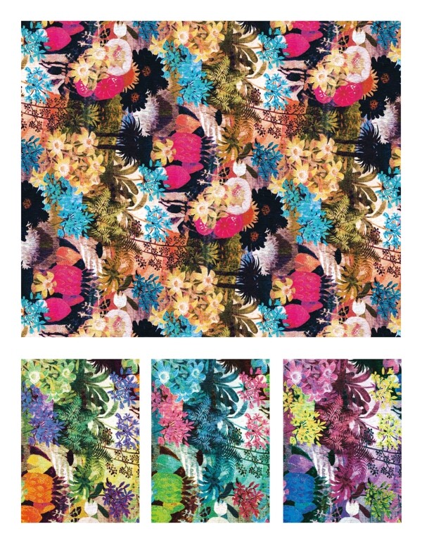 彩色花朵树数码印花设计