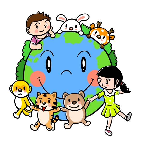 卡通世界地球日和小动物保护地球png透明底