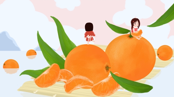 橘子橙子可爱小女孩玩耍创意叶子水中
