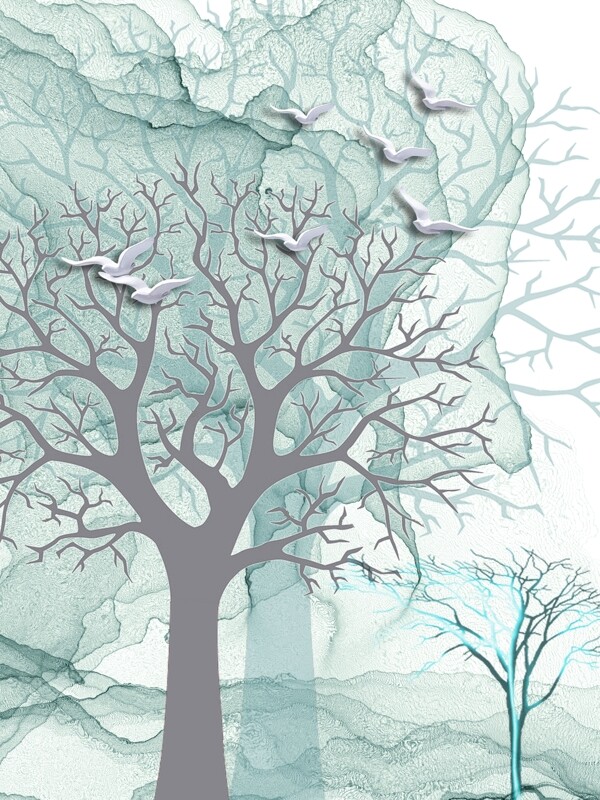 淡雅灰蓝色树木客厅装饰画