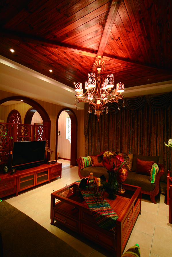 东南亚风格客厅红木家具室内装修效果图
