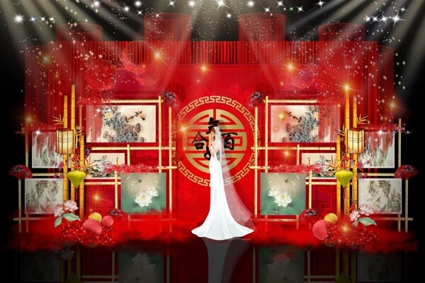 红色中式婚礼合影区效果图