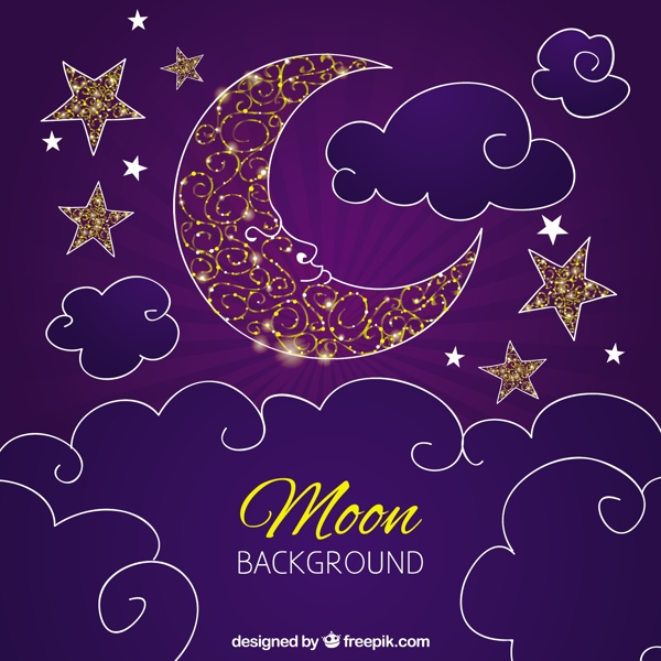 月亮星星云朵紫色背景设计