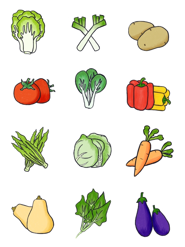 卡通手绘彩色各类蔬菜瓜果素材