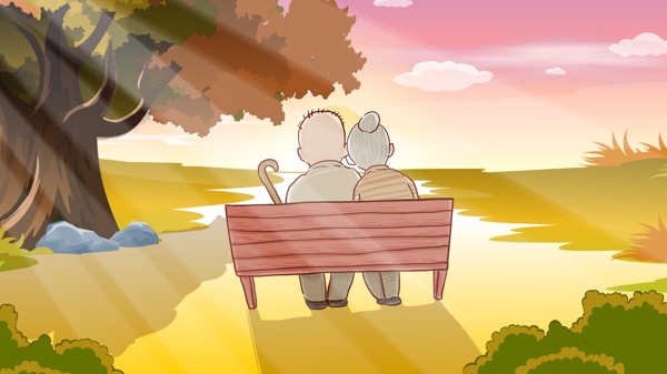 七夕情人节坐在长椅上的两位老情侣手绘插画