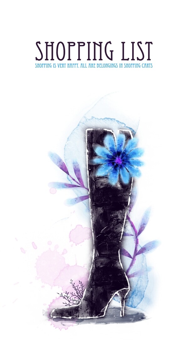 女士长筒靴上的蓝色花朵插画
