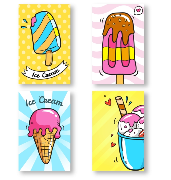 四张冰淇淋手绘卡片