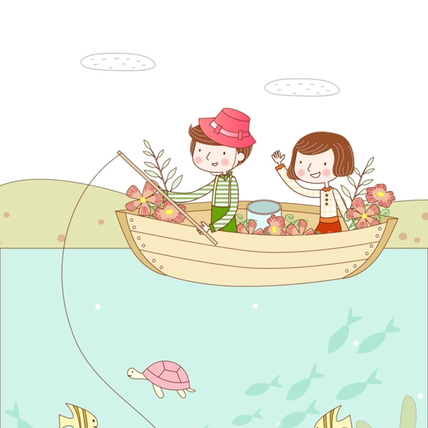卡通小船钓鱼