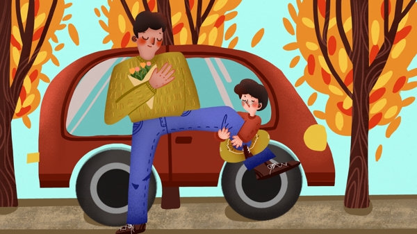11月你好爸爸和儿子在街道玩耍可爱插画