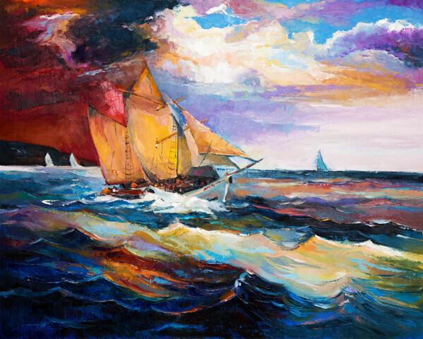海面上的帆船风景油画图片