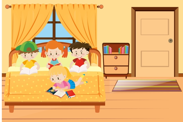 卡通儿童节在床上看书的孩子
