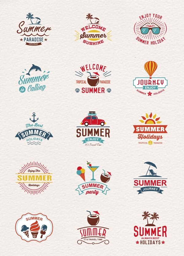 15款彩色夏日度假标签矢量图