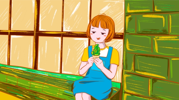 原创夏天吃冰淇淋的女孩清新插画