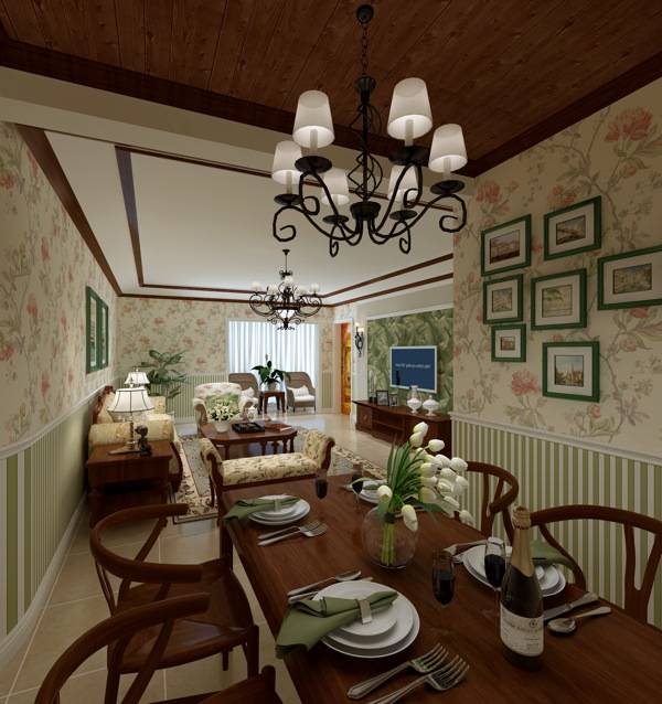 美式温婉风格客厅长方形餐桌室内装修效果图