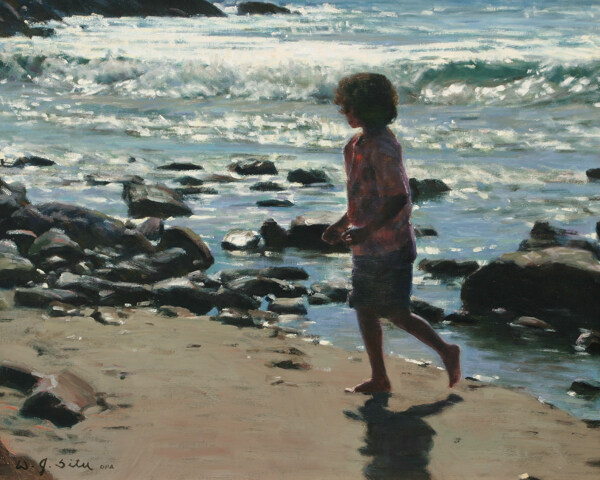 沙滩上奔跑的小女孩油画图片