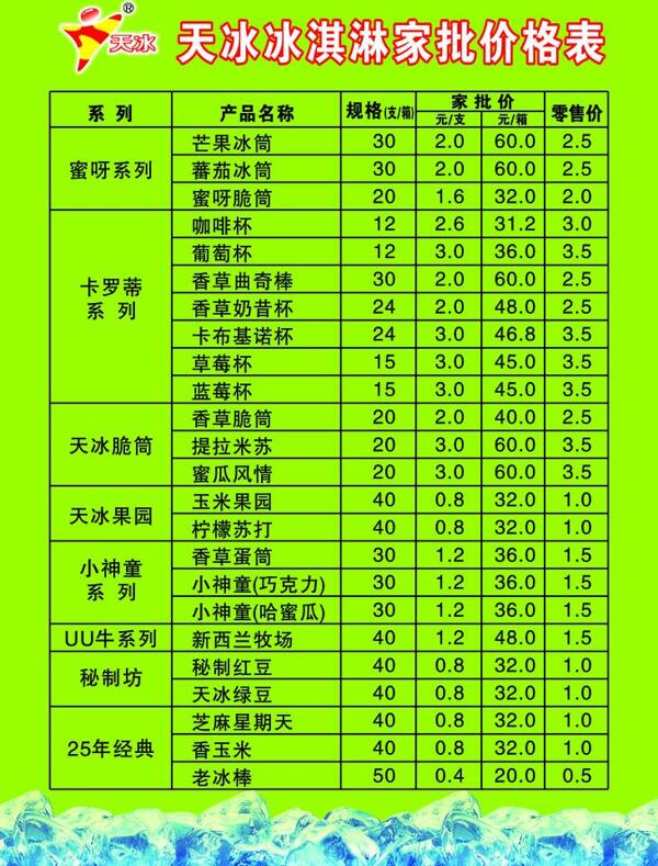 天冰冰淇淋价目表图片