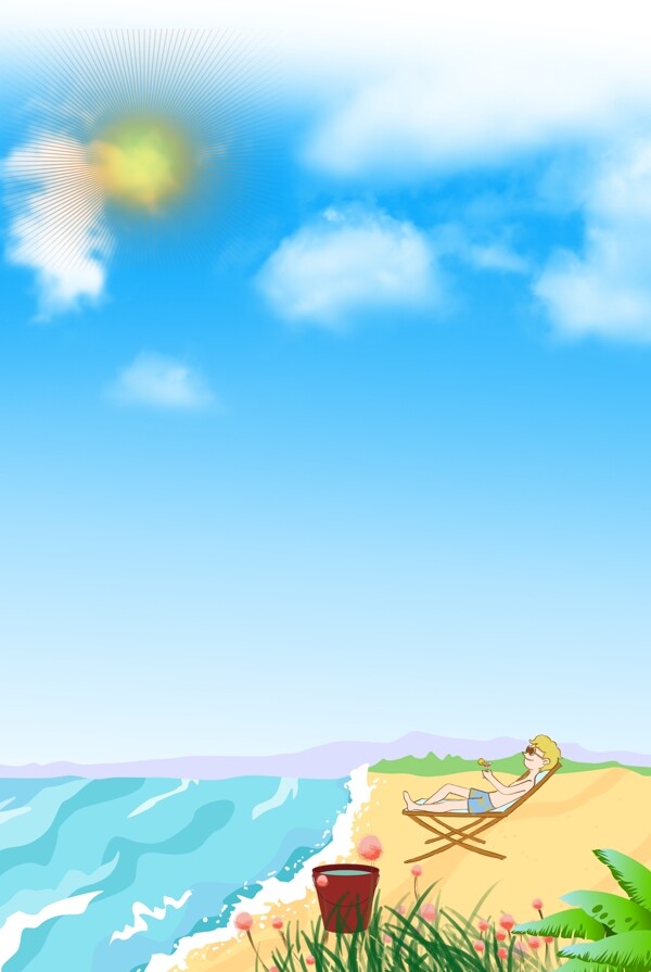 卡通风海滩晒太阳背景