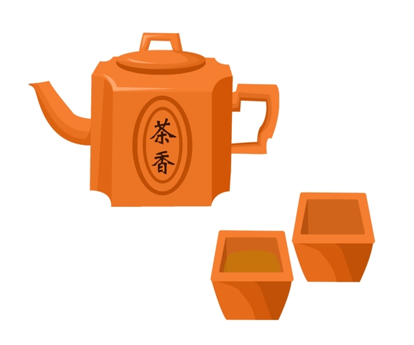 橘色的精致茶壶茶杯插画
