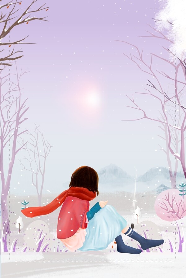 彩绘冬至雪地女孩背景