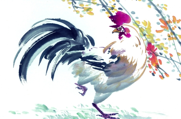 黑白十二生肖国画手绘鸡图片