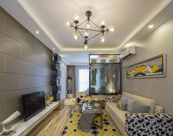 现代时尚黄色地毯客厅室内装修效果图