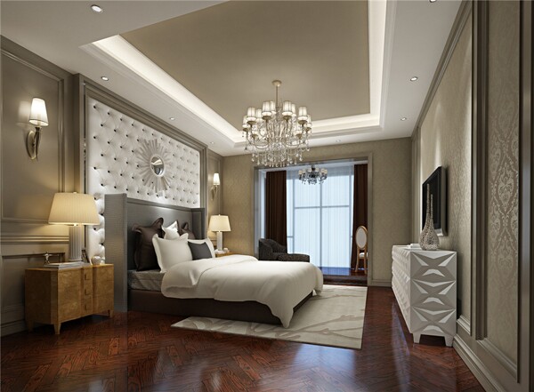 欧式时尚卧室大床吊灯落地窗设计图