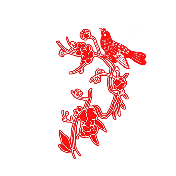 剪纸鸟花朵牡丹新年传统节日手绘插画可商用