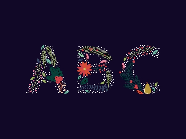 abc花朵树叶拼贴组合英文字母矢量