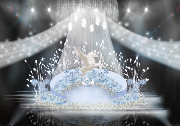 蓝色花海圆舞台宫廷羽毛纱幔雕塑婚礼效果图