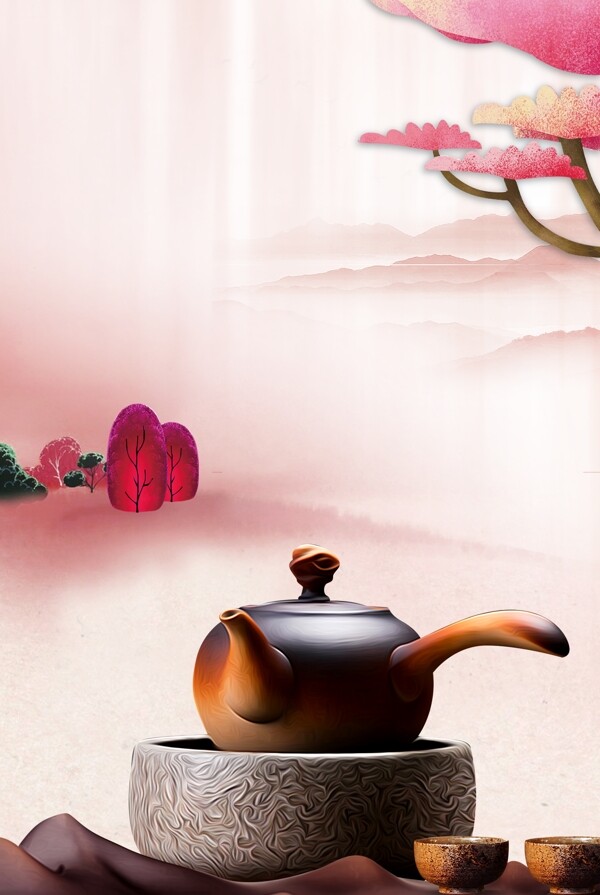 粉色唯美新中式五月春茶节宣传背景