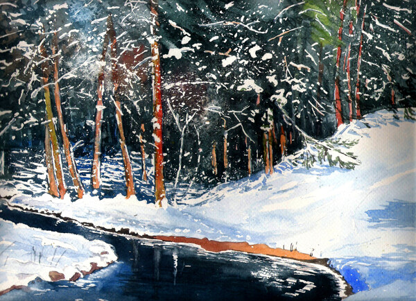 油画冬天溪流图片