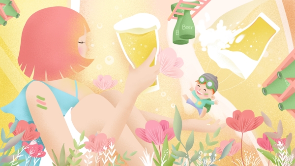 原创手绘插画亚洲啤酒节女孩与啤酒