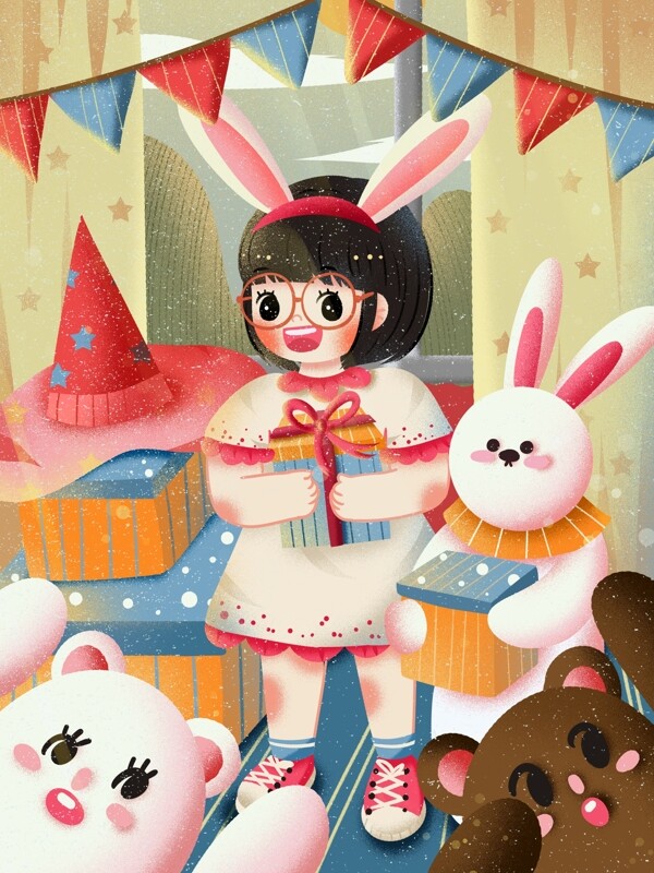 儿童节创意礼物玩偶兔子熊礼帽可爱创意插画