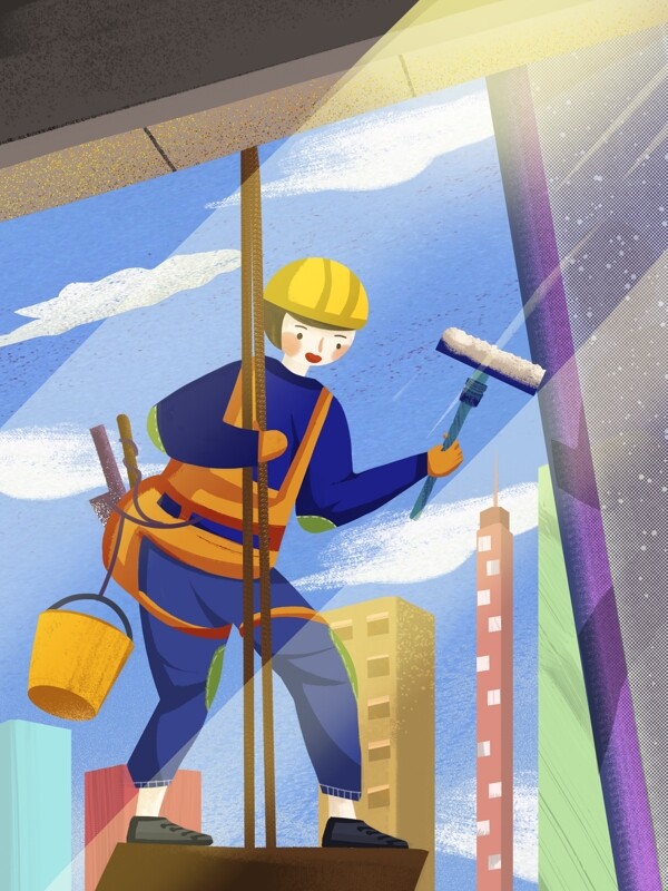 卡通可爱劳动节建筑工人工作插画