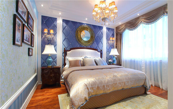 现代时尚卧室深蓝色壁画室内装修效果图