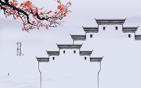 新中式水墨山水徽派建筑背景墙