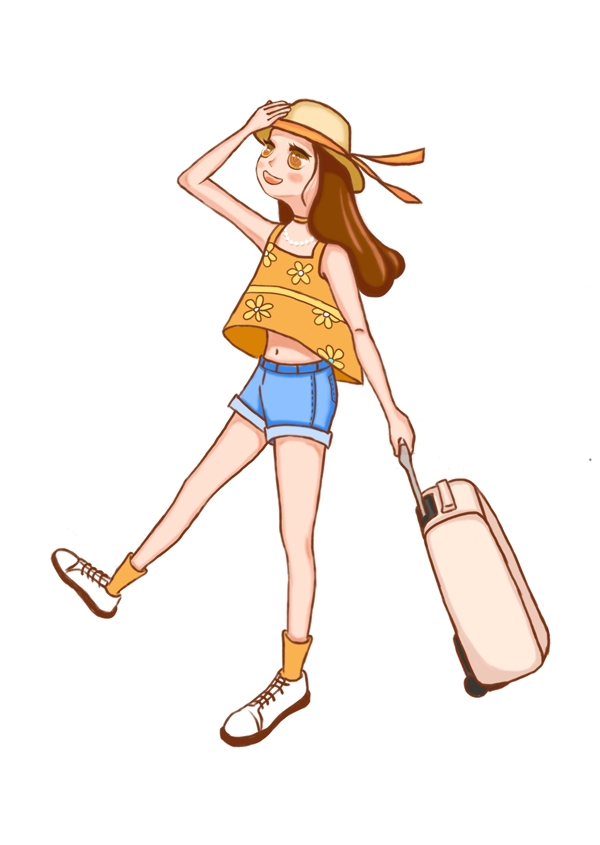 假期旅游拿行李戴草帽的女生PNG素材