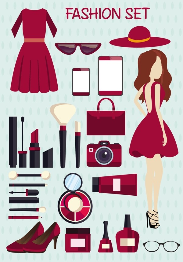 女士时尚集向量设计红色基调自由向量