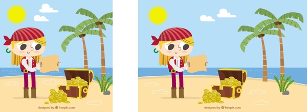 海盗女孩宝物箱海滩背景