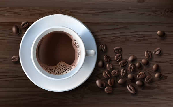 写实风格一杯咖啡和咖啡豆