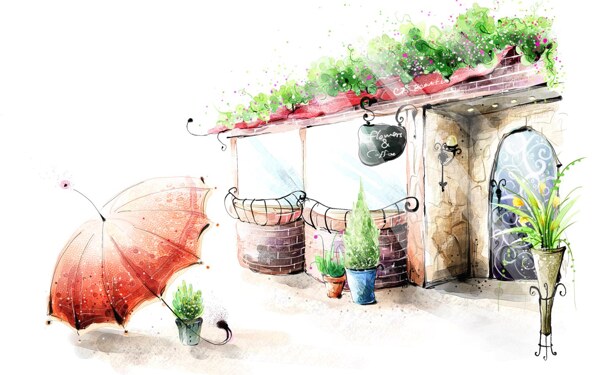 韩风手绘水彩插画休闲咖啡厅街景雨伞